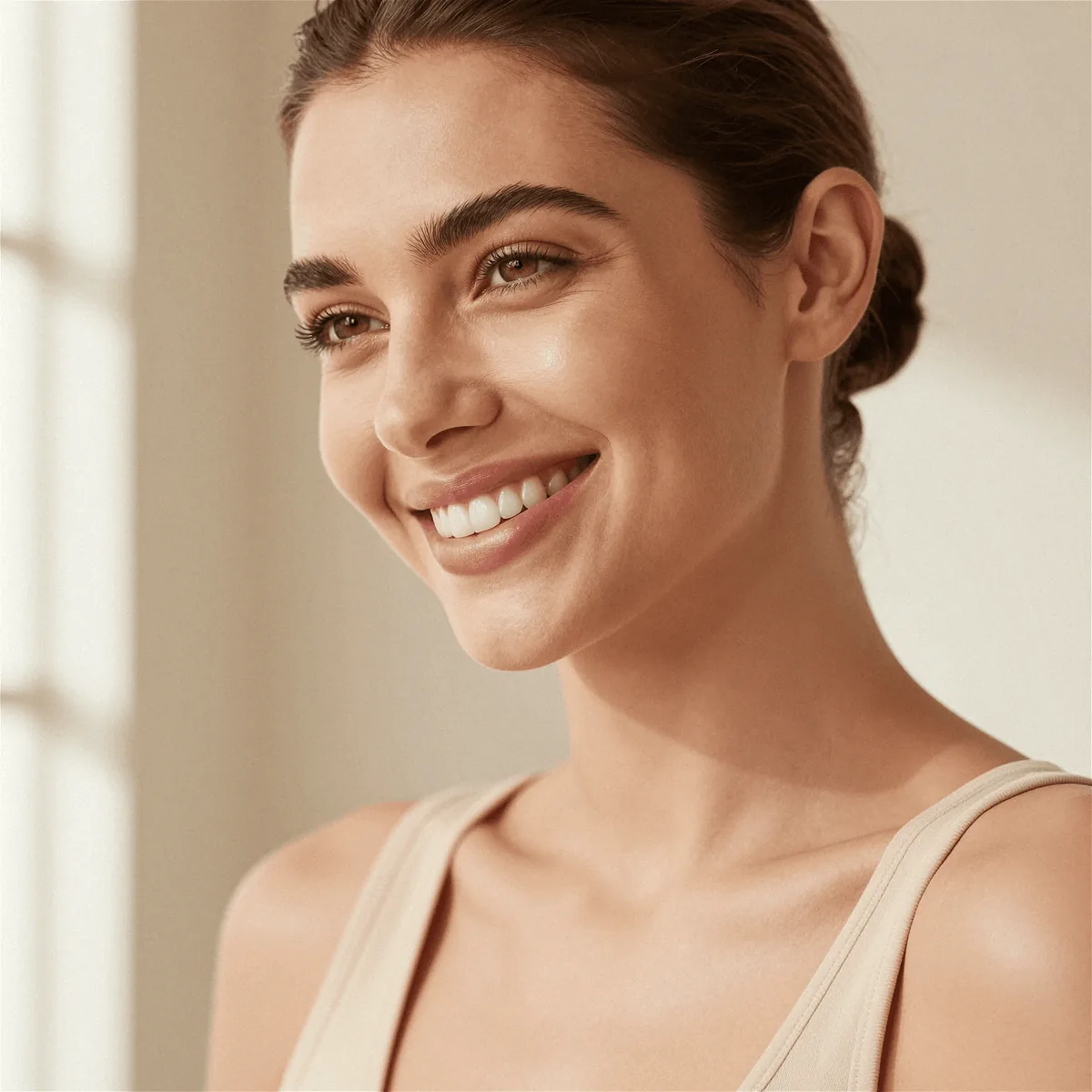 A woman resting against a sunlit wall, her expression unchanged and entirely her own