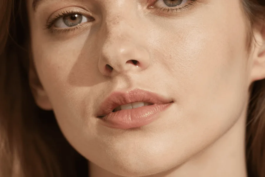 A close crop of a mouth and jawline in soft daylight