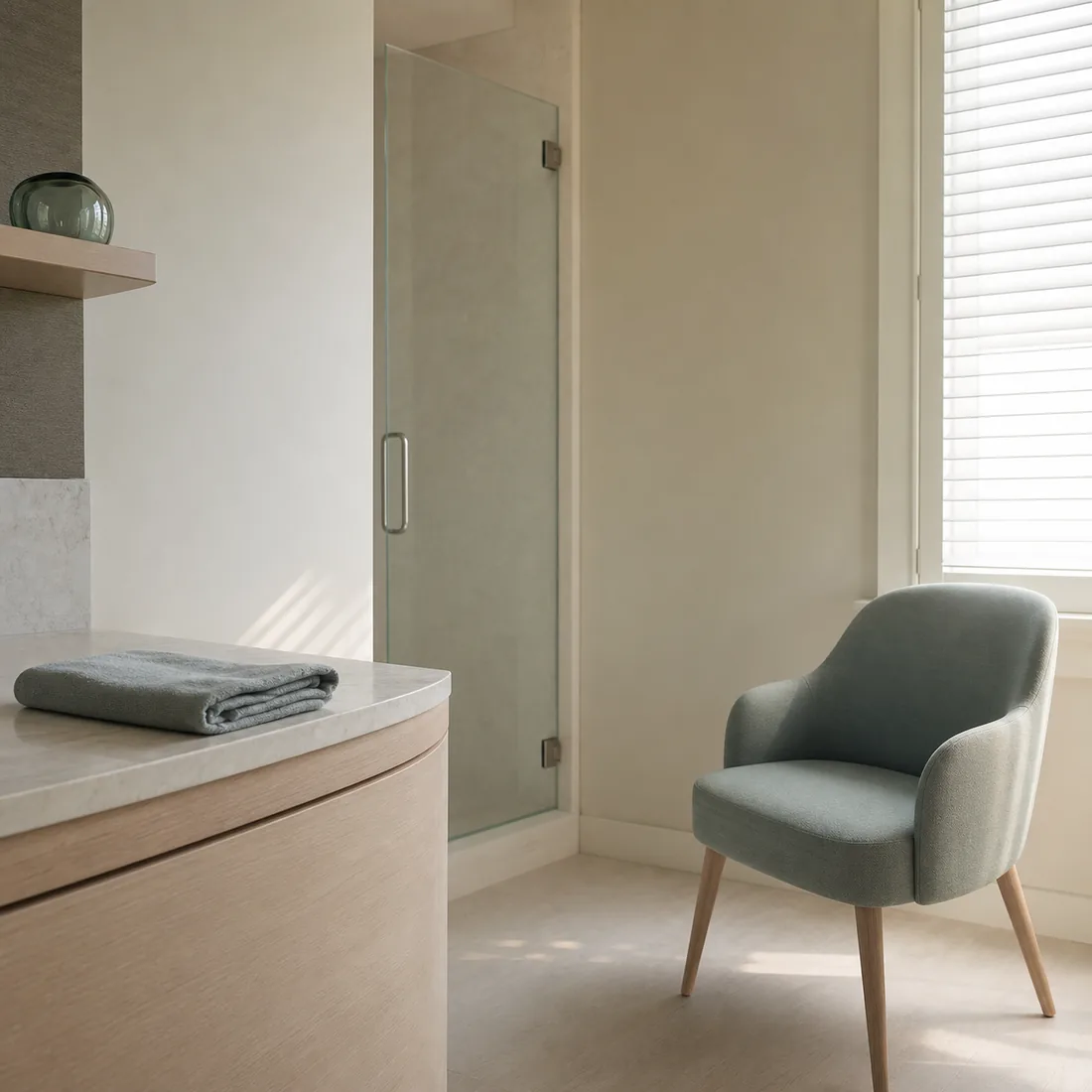 A consultation room at rest: one chair and a folded towel in soft daylight through a shutter, nobody in the room