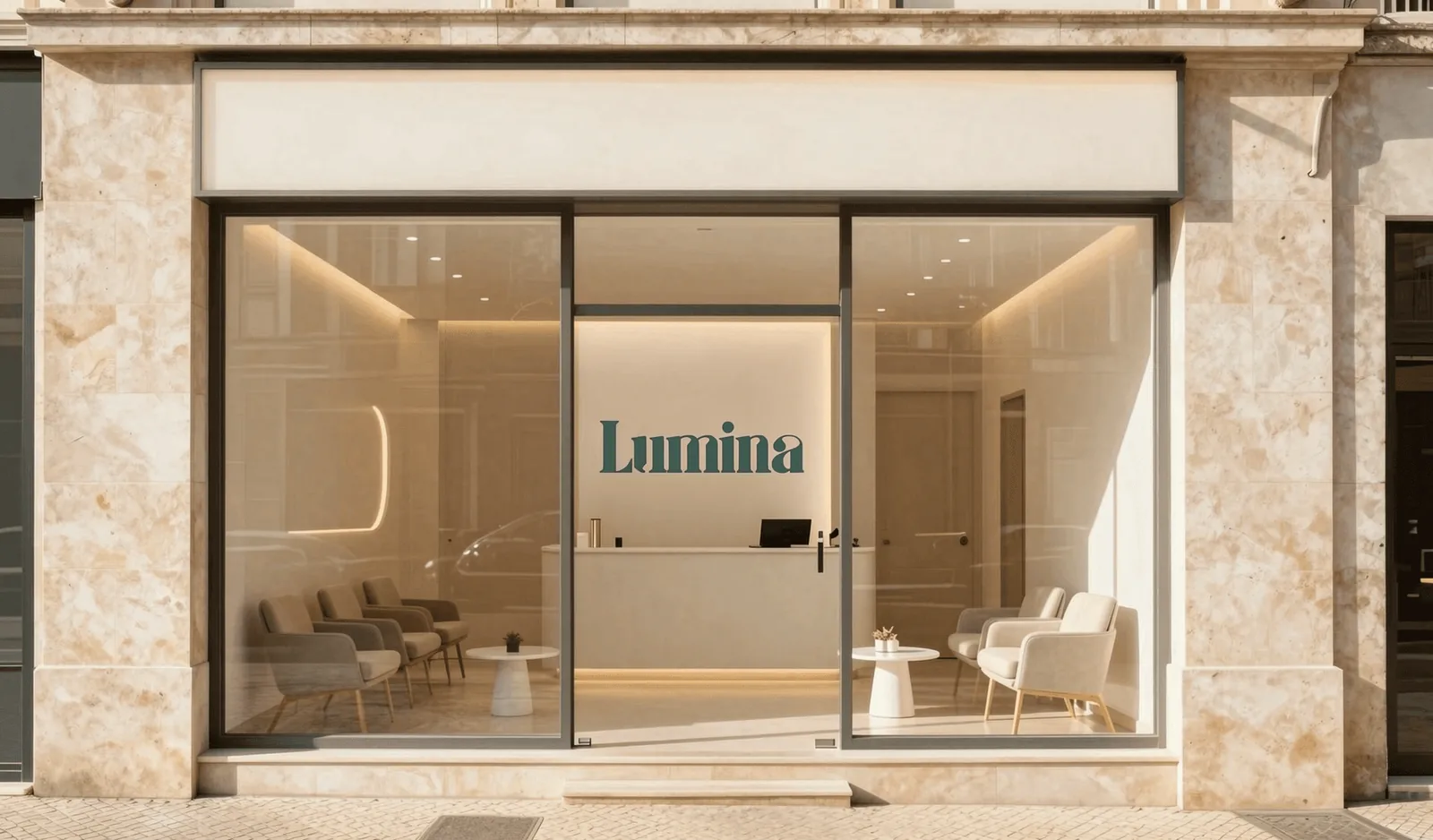 The Lumina Clinic shopfront in Príncipe Real: a limestone front, the name on the glass, the waiting room lit warm behind the door