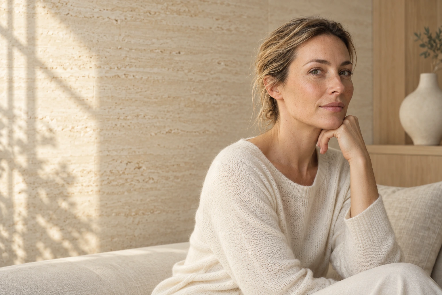 A woman in her late thirties seated on a linen daybed in a travertine and oak consultation room, window light across the stone beside her
